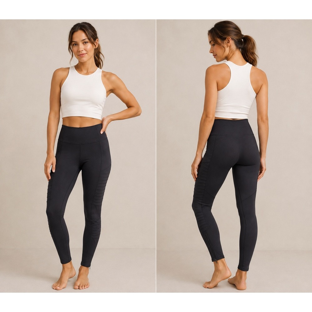 Athleta Delancey Moto Tight Black High Rise Leggings Ribbed Ankle Zip Size M
